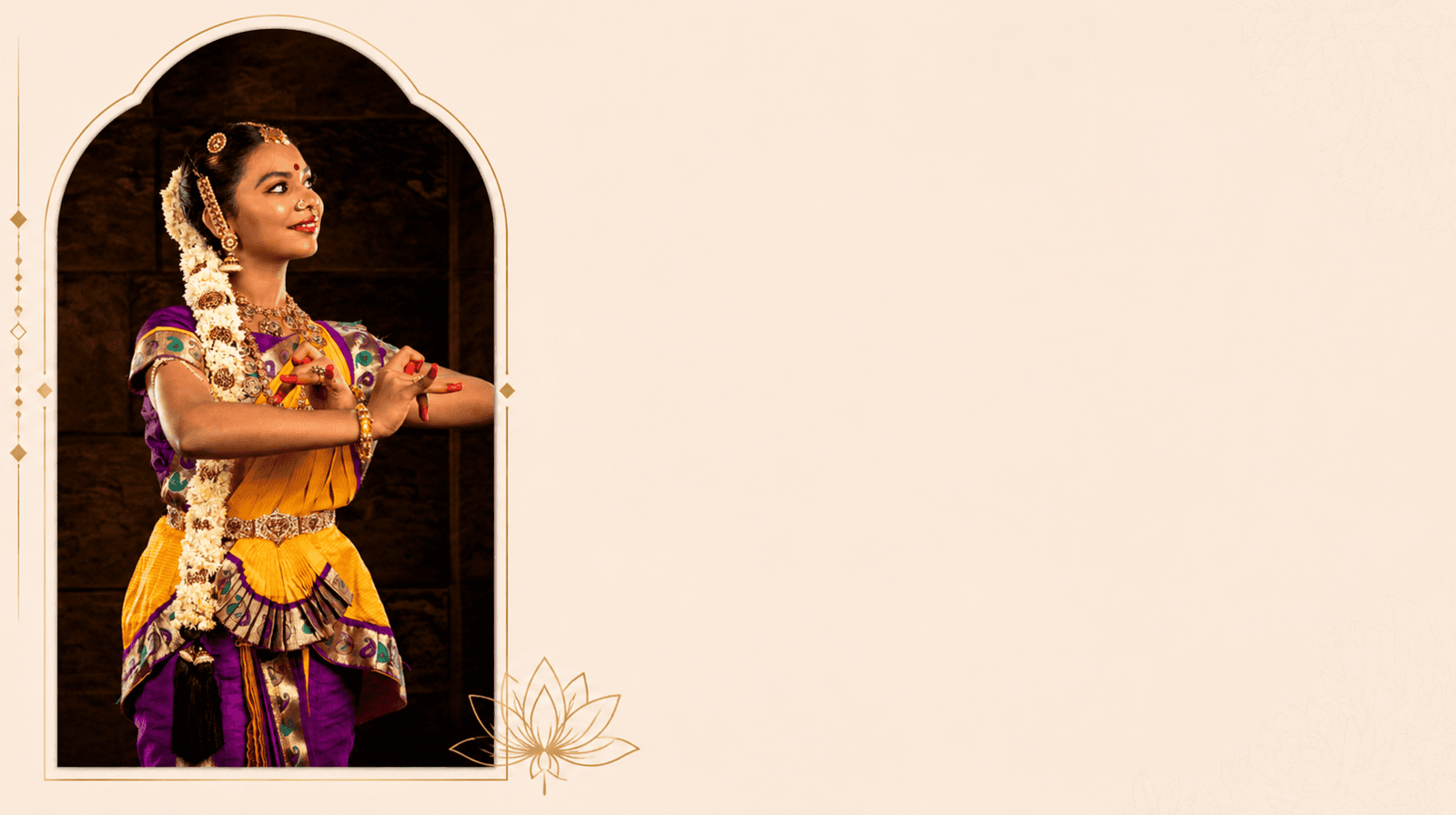 Bharatanatyam dancer portrait in an ornate arch frame